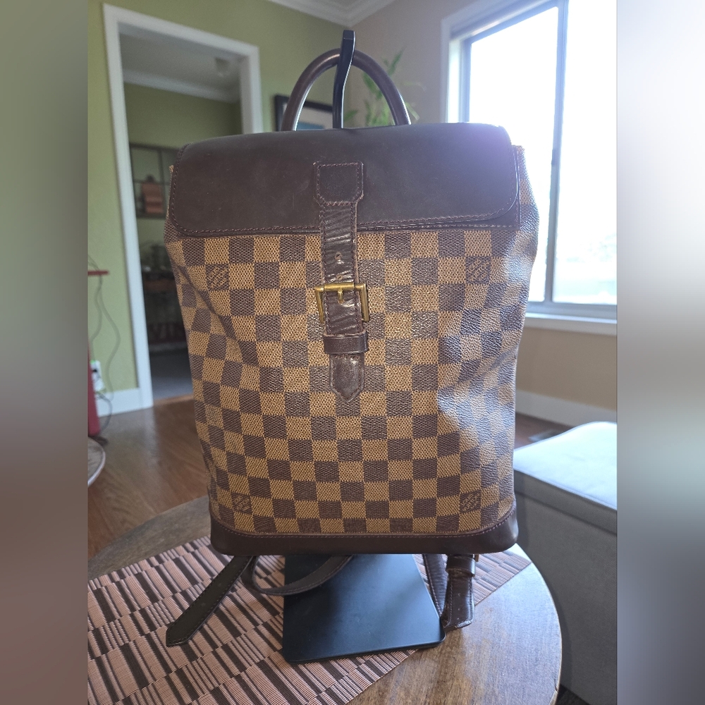 Authentic Louis Vuitton Brown Checkered Backpack with Dark Leather Trim